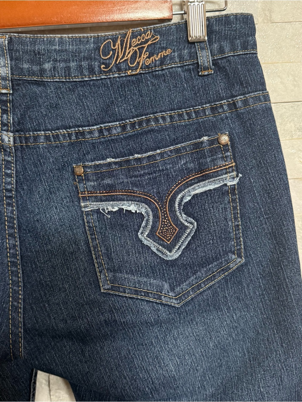 Mecca Femme Women’s Dark Wash Bootcut Jeans Embroidered Distressed Y2K 95/5
